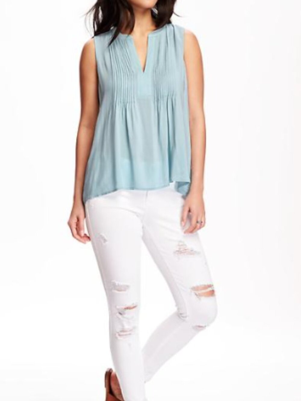 Old Navy Pale Blue Pintuck Tuxedo Pleated V Neck Sleeveless Blouse